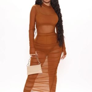 Fashion Nova Rust Sheer Midi Dress
